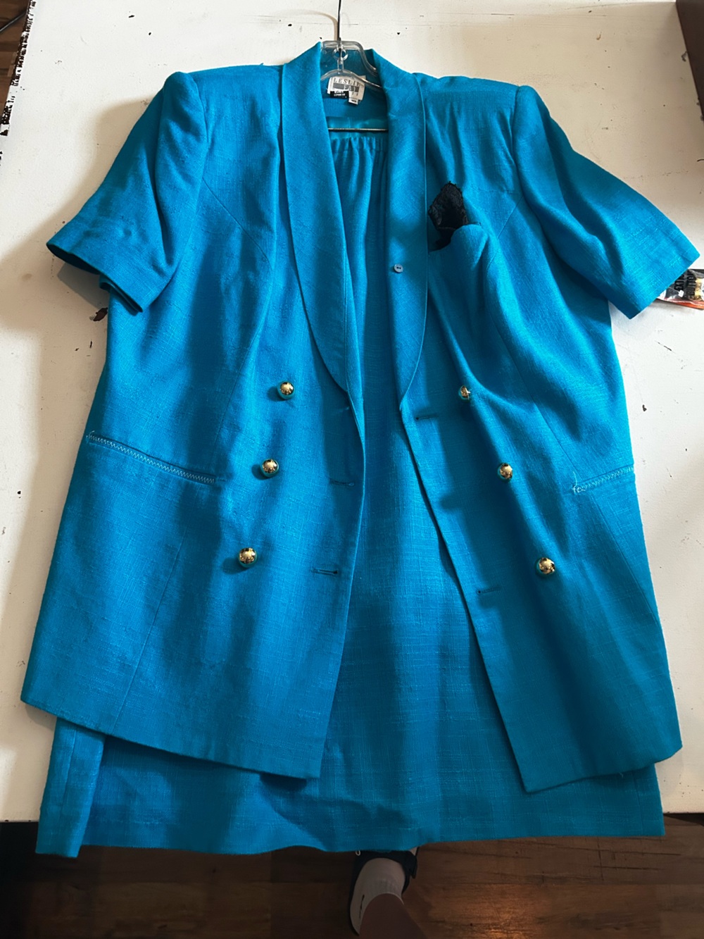 NWT Vintage Leslie Fay Teal/Gold Buttons Skirt Jacket Suit Set  Size 18